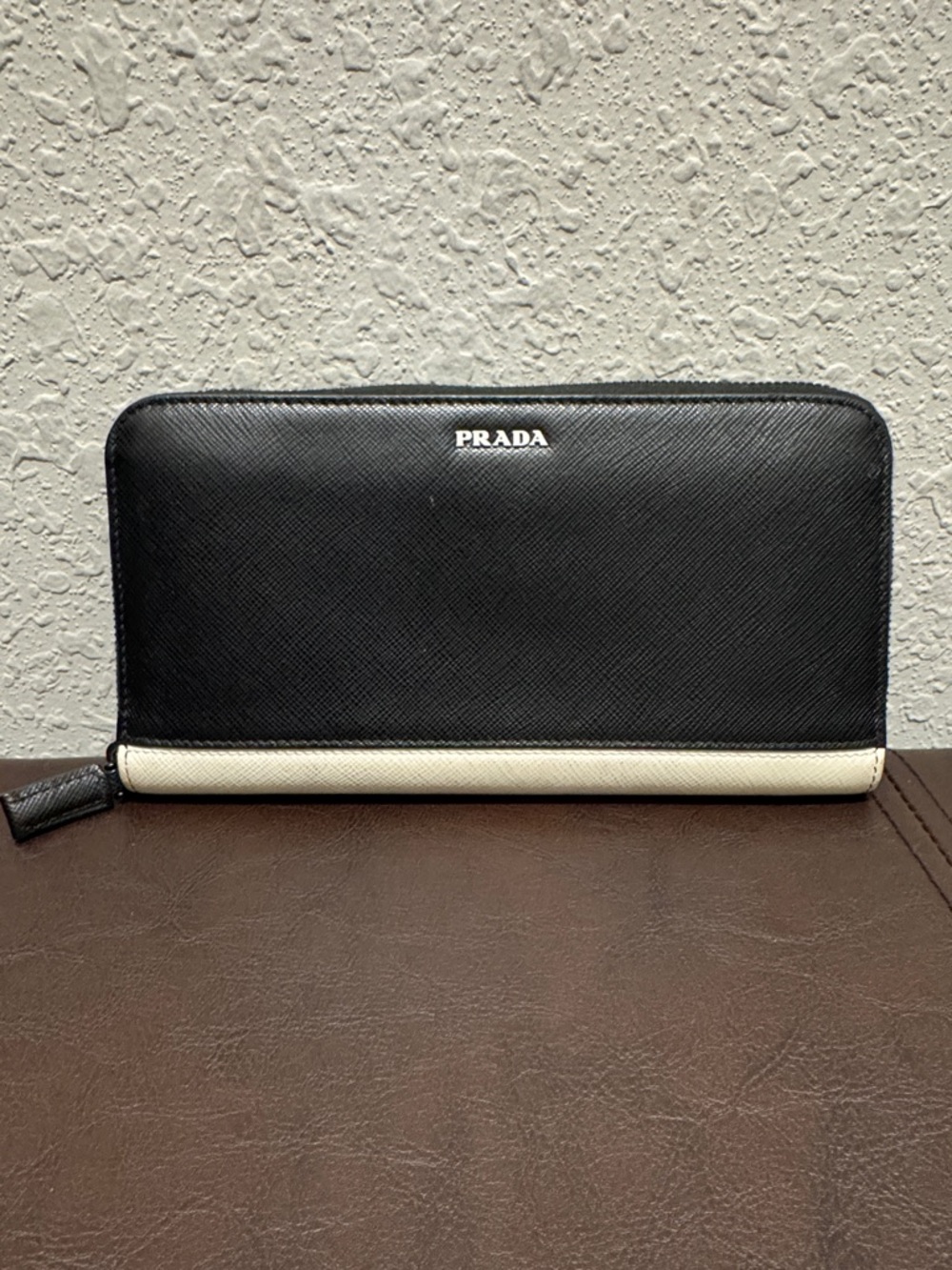 Prada Black and White Saffiano Zip Wallet